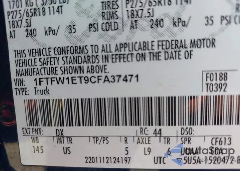 2012 Ford F-150 Xlt from USA, damaged, VIN 1FTFW1ET9CFA37471